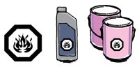 Picture of a fire inside an octagon shape flammable symbol, plastic bottle and paint cans with flammable symbol.
