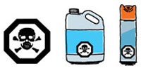 Skull and cross bones inside octagon shape poison symbol, container and aerosol can with poison symbol on front.